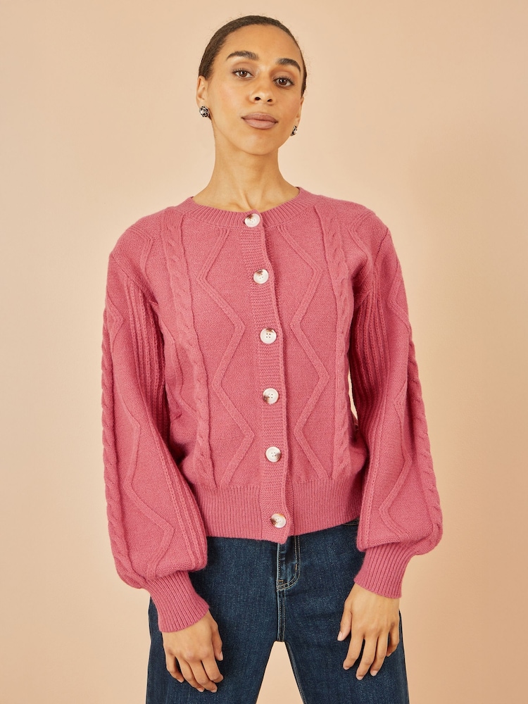 Yumi Pink Relaxed Fit Cable Cardigan - Image 1 of 4 Yumi Pink Relaxed Fit Cable Cardigan - Image 1 of 4