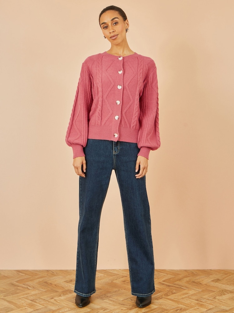 Yumi Pink Relaxed Fit Cable Cardigan - Image 2 of 4 Yumi Pink Relaxed Fit Cable Cardigan - Image 2 of 4