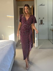 Girl In Mind Drew Polka Dot Puff Sleeve Wrap Front Midi Dress - Bild 1 von 5