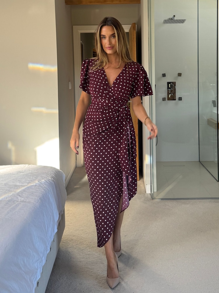 Girl In Mind Red Drew Polka Dot Puff Sleeve Wrap Front Midi Dress - Image 1 of 5 Girl In Mind Red Drew Polka Dot Puff Sleeve Wrap Front Midi Dress - Image 1 of 5
