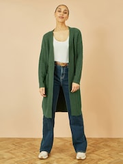 Yumi Green Cable Knit Edge to Edge Long Cardigan With Pockets - Image 1 of 5
