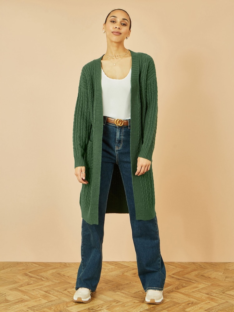 Yumi Green Cable Knit Edge to Edge Long Cardigan With Pockets - Image 1 of 5 Yumi Green Cable Knit Edge to Edge Long Cardigan With Pockets - Image 1 of 5