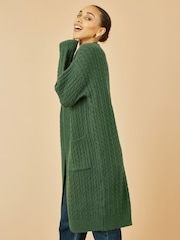 Yumi Green Cable Knit Edge to Edge Long Cardigan With Pockets - Image 2 of 5