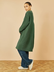 Yumi Green Cable Knit Edge to Edge Long Cardigan With Pockets - Image 3 of 5