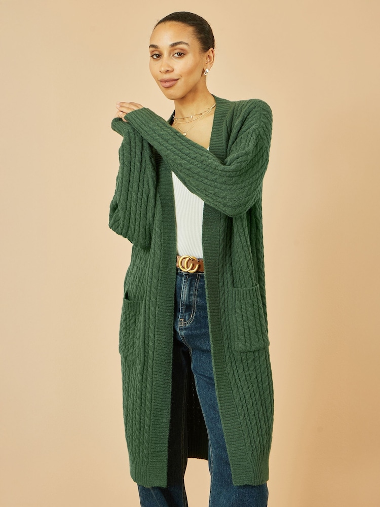 Yumi Green Cable Knit Edge to Edge Long Cardigan With Pockets - Image 5 of 5 Yumi Green Cable Knit Edge to Edge Long Cardigan With Pockets - Image 5 of 5