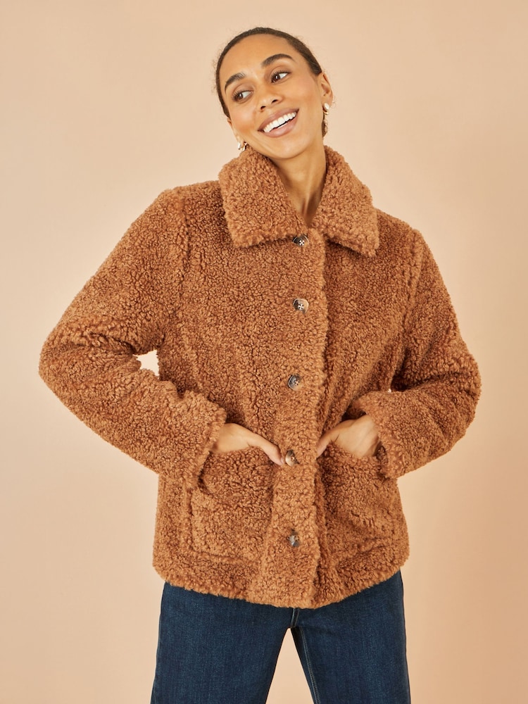 Yumi Brown Short Teddy Bear Jacket - Image 1 of 5 Yumi Brown Short Teddy Bear Jacket - Image 1 of 5