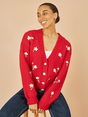 Yumi Red Hand Embroidered Chunky Knitted Cardigan - Image 1 of 5