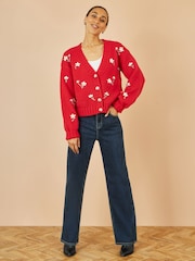 Yumi Red Hand Embroidered Chunky Knitted Cardigan - Image 2 of 5