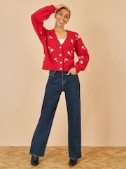 Yumi Red Hand Embroidered Chunky Knitted Cardigan - Image 4 of 5