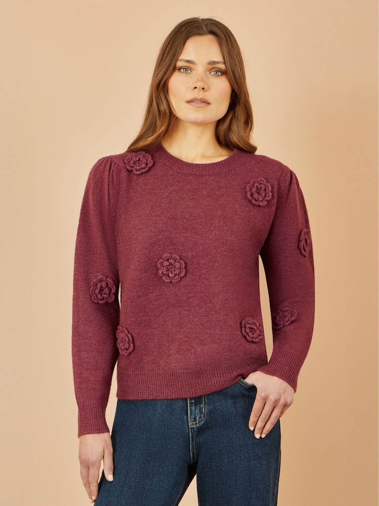 Yumi Red Knitted Jumper With Crochet Flowers - Image 1 of 4