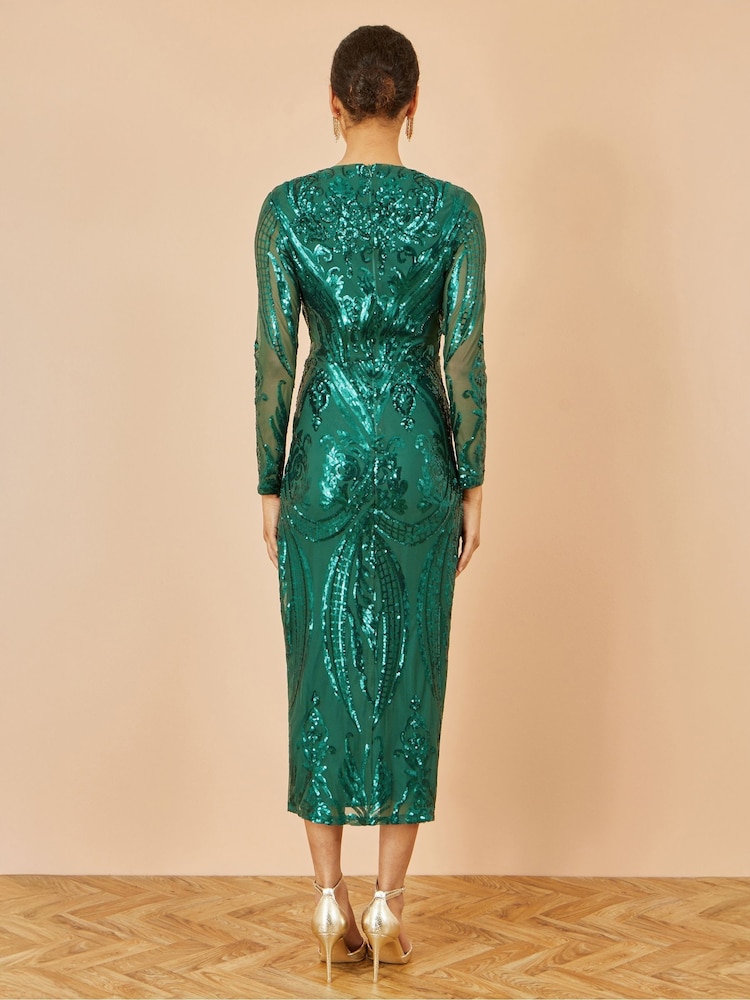 Yumi Green Sequin Midi Wrap Dress With Split Hemline And Long Sleeves - Image 5 of 5