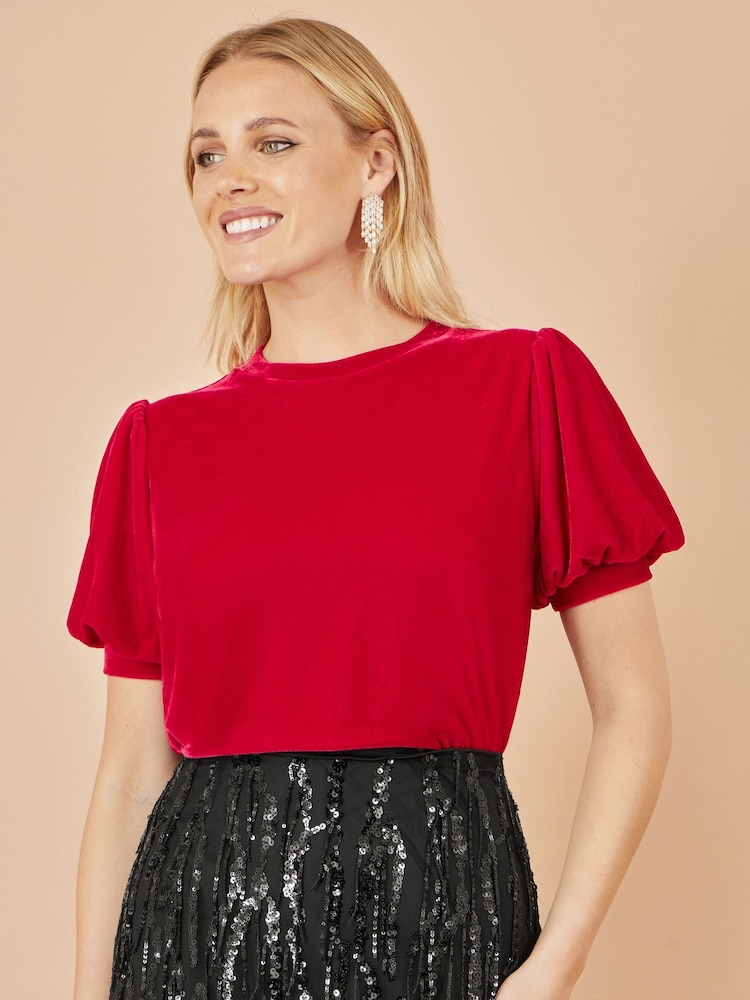 Yumi Red Velvet Puff Sleeve Top - Image 1 of 5 Yumi Red Velvet Puff Sleeve Top - Image 1 of 5