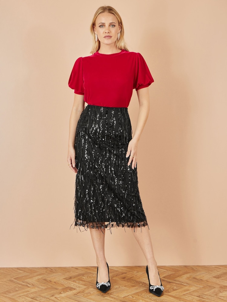 Yumi Red Velvet Puff Sleeve Top - Image 2 of 5 Yumi Red Velvet Puff Sleeve Top - Image 2 of 5