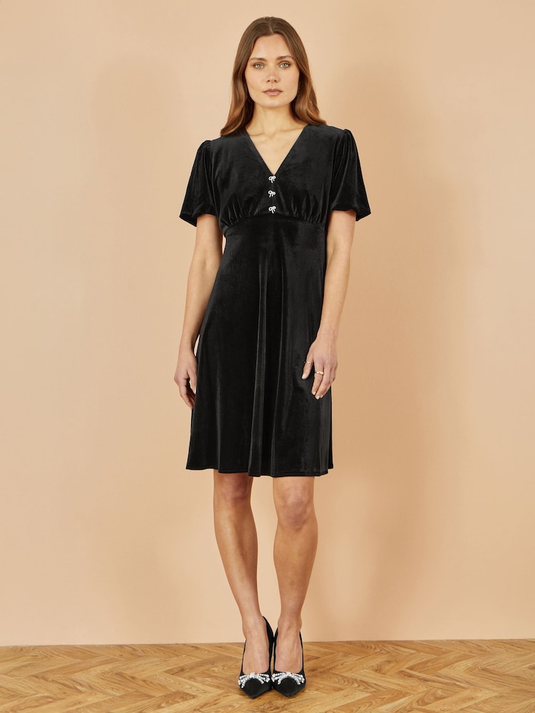 Yumi Black Velvet Skater Dress With Dimante Bow Detail - Image 2 of 4 Yumi Black Velvet Skater Dress With Dimante Bow Detail - Image 2 of 4