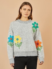 Yumi Grey Striped Relaxed Fit Jumper With Flowers - Image 1 of 4