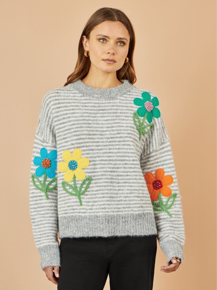 Yumi Grey Striped Relaxed Fit Jumper With Flowers - Image 1 of 4