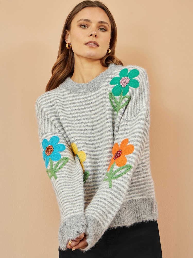 Yumi Grey Striped Relaxed Fit Jumper With Flowers - Image 2 of 4