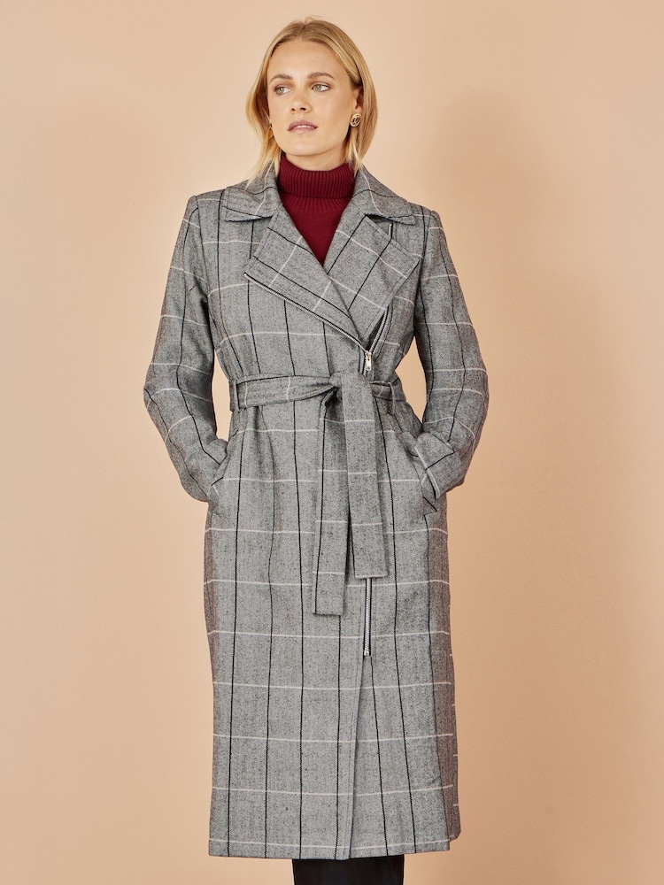 Yumi Grey Check Oversize Long Biker Coat - Image 1 of 5