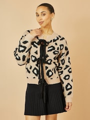 Yumi Natural Animal Print Intarsia Tie Front Cardigan - Image 1 of 4