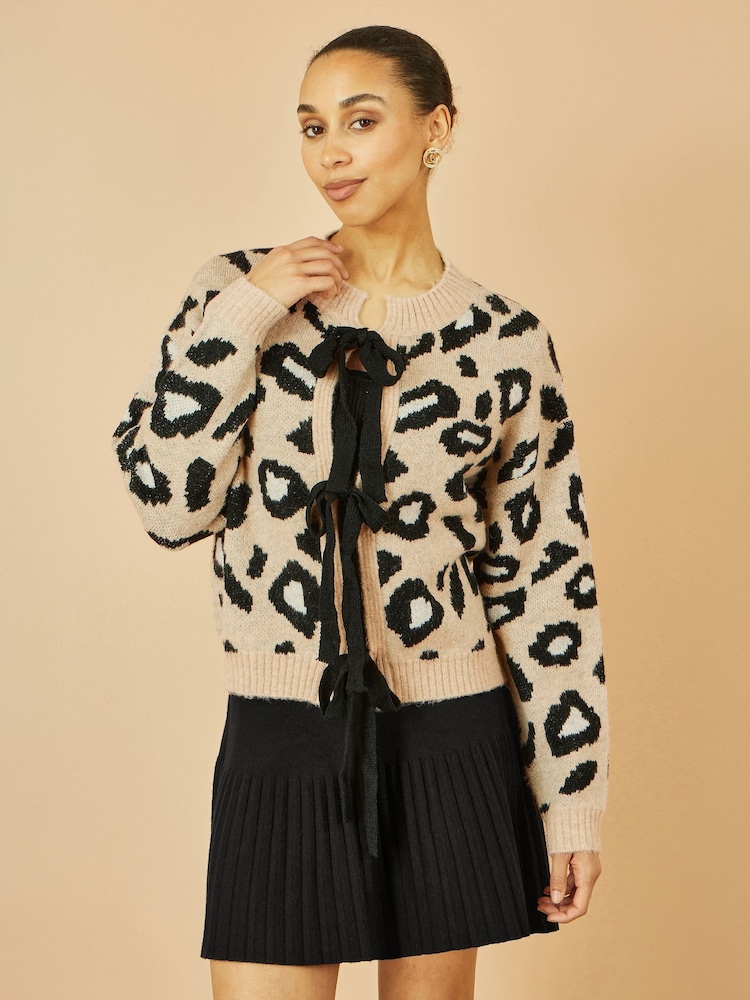 Yumi Natural Animal Print Intarsia Tie Front Cardigan - Image 1 of 4