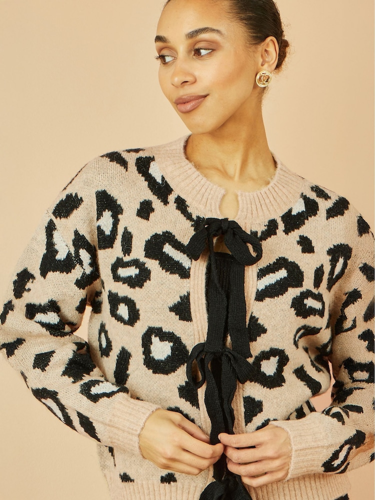 Yumi Natural Animal Print Intarsia Tie Front Cardigan - Image 4 of 4