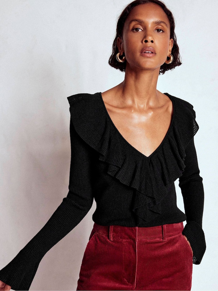 Boden Black Ruffled Rib Henley Jumper - Image 2 of 6