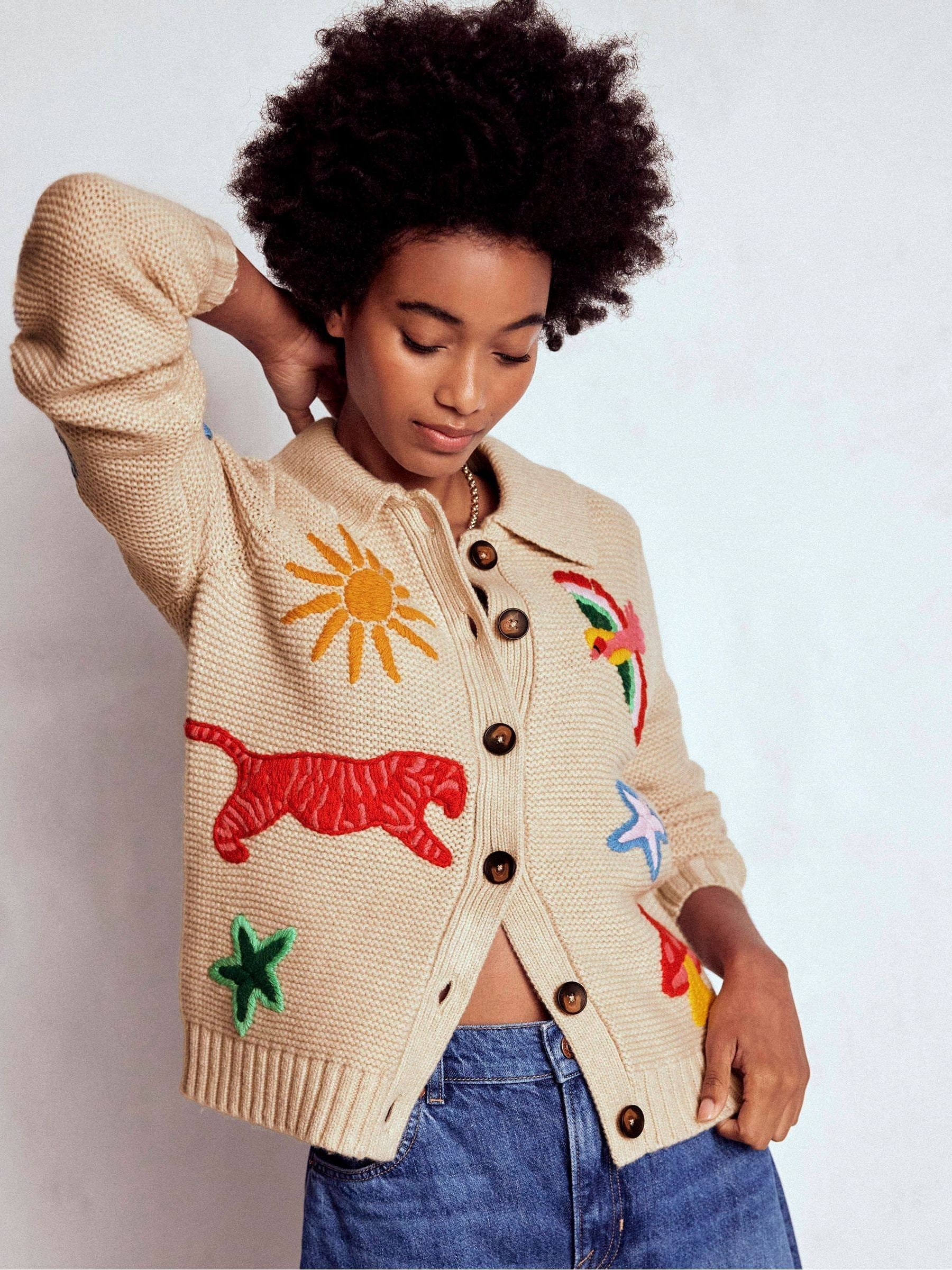 Buy Boden Cream Motif Collared Cardigan from Next USA