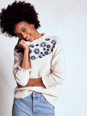 Boden Cream Embroidered Frill Jumper - Image 1 of 6