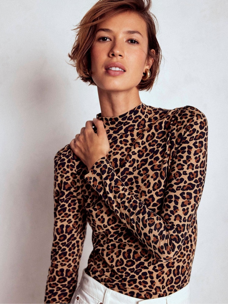 Boden Brown Puff Sleeve Jersey Top - Image 1 of 5