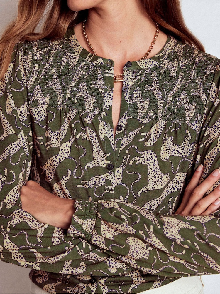 Boden Green Elsa Smocked Yoke Jersey Shirt - Image 2 of 5 Boden Green Elsa Smocked Yoke Jersey Shirt - Image 2 of 5