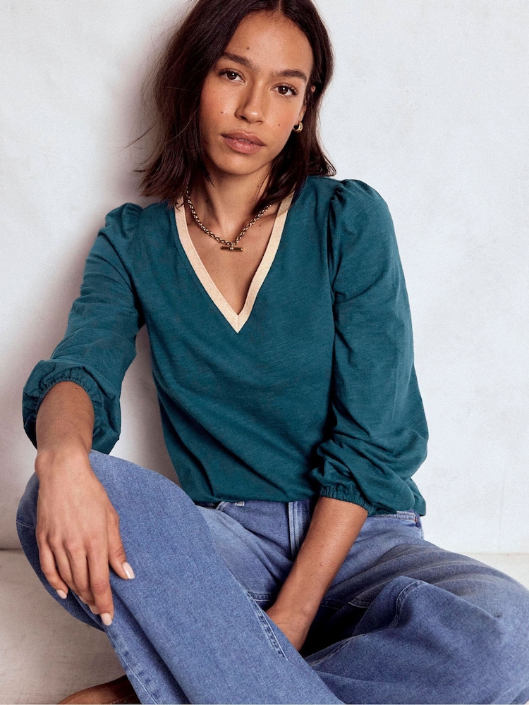 Boden Blue Long Sleeve Metallic Trim Top - Image 1 of 5 Boden Blue Long Sleeve Metallic Trim Top - Image 1 of 5