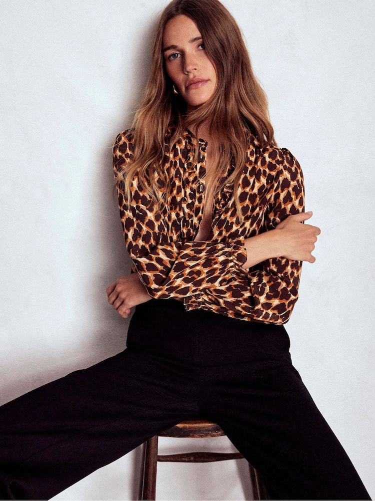 Boden Brown Alice Frill Front Silk Top - Image 1 of 6 Boden Brown Alice Frill Front Silk Top - Image 1 of 6