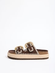 Friends Like These Chocolate Brown Standard Fit Faux Suede Double Strap Whipstitch Detail Summer Footbed Sandals - Image 5 of 5