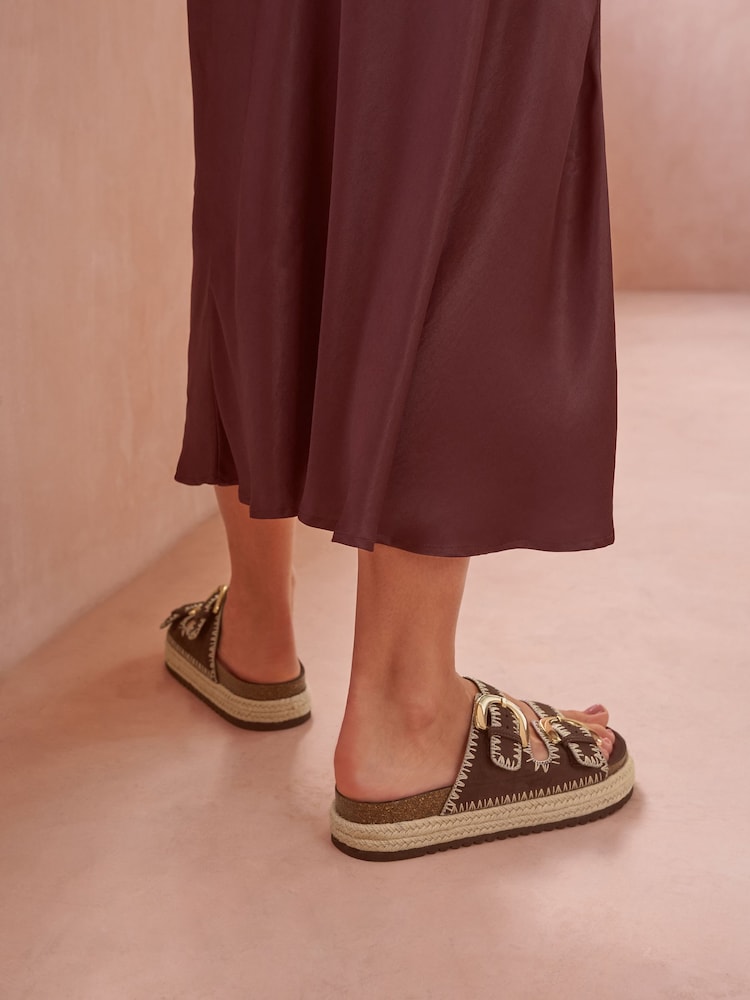 Friends Like These Chocolate Brown Wide Fit Faux Suede Double Strap Whipstitch Detail Summer Footbed Sandals - Image 4 of 4