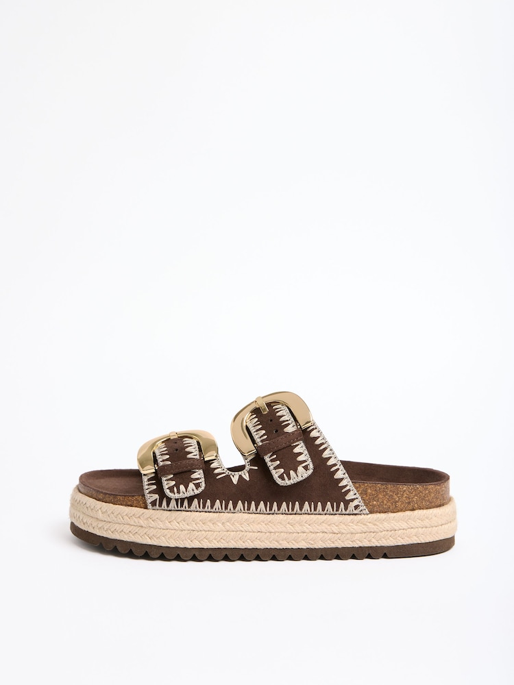 Friends Like These Chocolate Brown Wide Fit Faux Suede Double Strap Whipstitch Detail Summer Footbed Sandals - Image 5 of 5