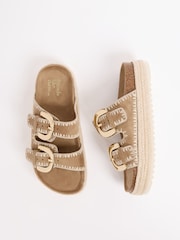 Friends Like These Taupe Wide Fit Faux Suede Double Strap Whipstitch Detail Summer Footbed Sandals - Image 1 of 5