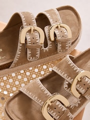 Friends Like These Taupe Wide Fit Faux Suede Double Strap Whipstitch Detail Summer Footbed Sandals - Image 2 of 5