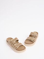 Friends Like These Taupe Wide Fit Faux Suede Double Strap Whipstitch Detail Summer Footbed Sandals - Image 3 of 5