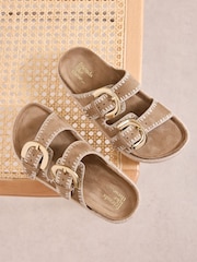Friends Like These Taupe Wide Fit Faux Suede Double Strap Whipstitch Detail Summer Footbed Sandals - Image 4 of 5