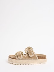 Friends Like These Taupe Wide Fit Faux Suede Double Strap Whipstitch Detail Summer Footbed Sandals - Image 5 of 5