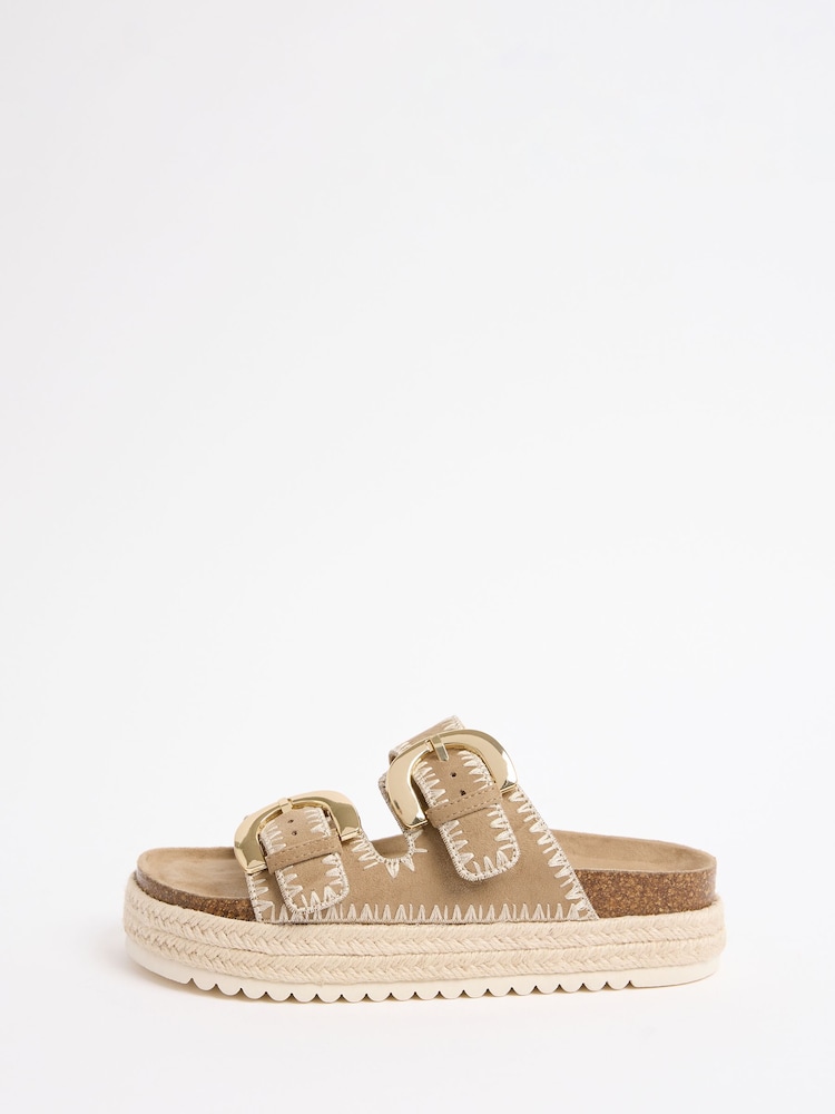 Friends Like These Taupe Wide Fit Faux Suede Double Strap Whipstitch Detail Summer Footbed Sandals - Image 5 of 5