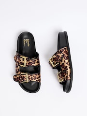 Friends Like These Natural Animal Leopard Satin Slip On Double Strap Buckle Detail Casual Footbed Sandals - Image 2 of 4