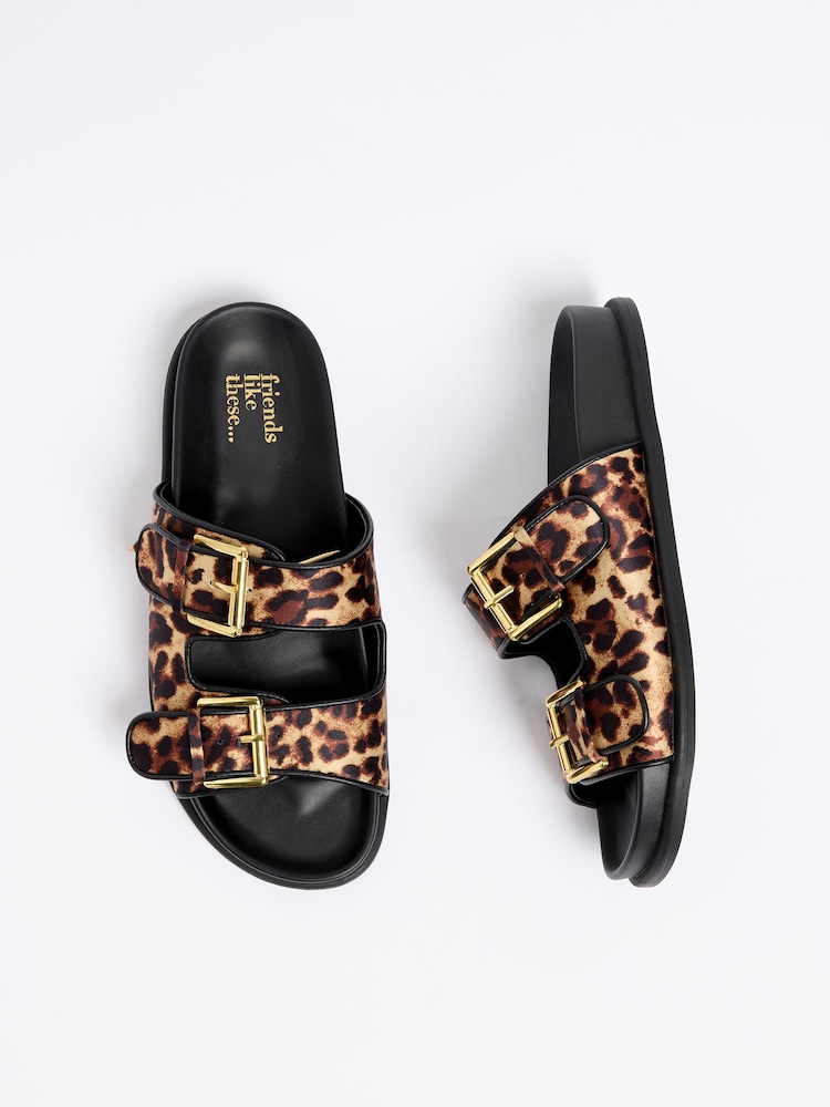 Friends Like These Natural Animal Leopard Satin Slip On Double Strap Buckle Detail Casual Footbed Sandals - Image 2 of 4