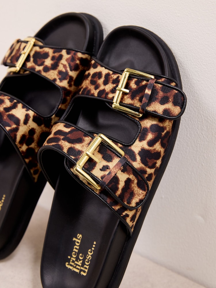 Friends Like These Natural Animal Leopard Standard Fit Satin Slip-On Double Strap Buckle Detail Casual Footbed Sandals - Image 3 of 3 Friends Like These Natural Animal Leopard Standard Fit Satin Slip-On Double Strap Buckle Detail Casual Footbed Sandals - Image 3 of 3