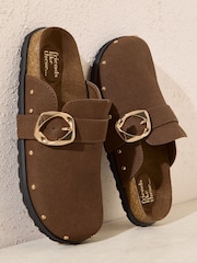 Friends Like These Chocolate Brown Faux Suede Slip-On Comfort Stud Detail Buckle Casual Footbed Clogs - Image 1 of 5