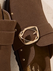 Friends Like These Chocolate Brown Faux Suede Slip-On Comfort Stud Detail Buckle Casual Footbed Clogs - Image 2 of 5