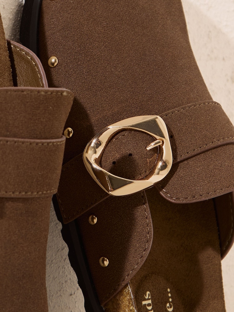 Friends Like These Chocolate Brown Faux Suede Slip-On Comfort Stud Detail Buckle Casual Footbed Clogs - Image 2 of 5