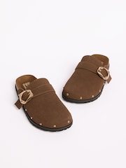 Friends Like These Chocolate Brown Faux Suede Slip-On Comfort Stud Detail Buckle Casual Footbed Clogs - Image 4 of 5