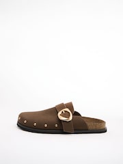 Friends Like These Chocolate Brown Faux Suede Slip-On Comfort Stud Detail Buckle Casual Footbed Clogs - Image 5 of 5