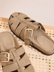 Friends Like These Taupe Brown Faux Suede Fisherman Slip On Mule Summer Footbed Sandals - Image 2 of 4